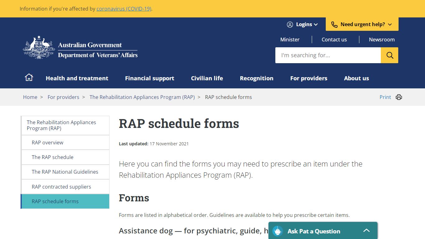 RAP schedule forms | Department of Veterans' Affairs